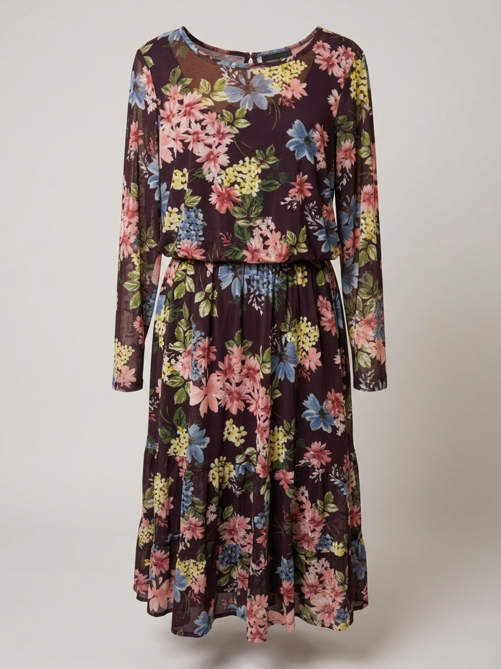 Connected Apparel Dark Purple Floral Long Sleeve Tiered Dress Size Medium